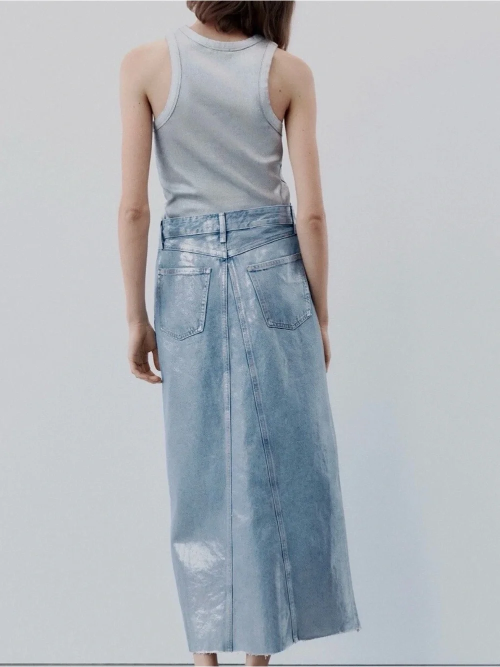 Zara 6045/017 Light Blue Denim Metallic Maxi Skirt with Front Slit